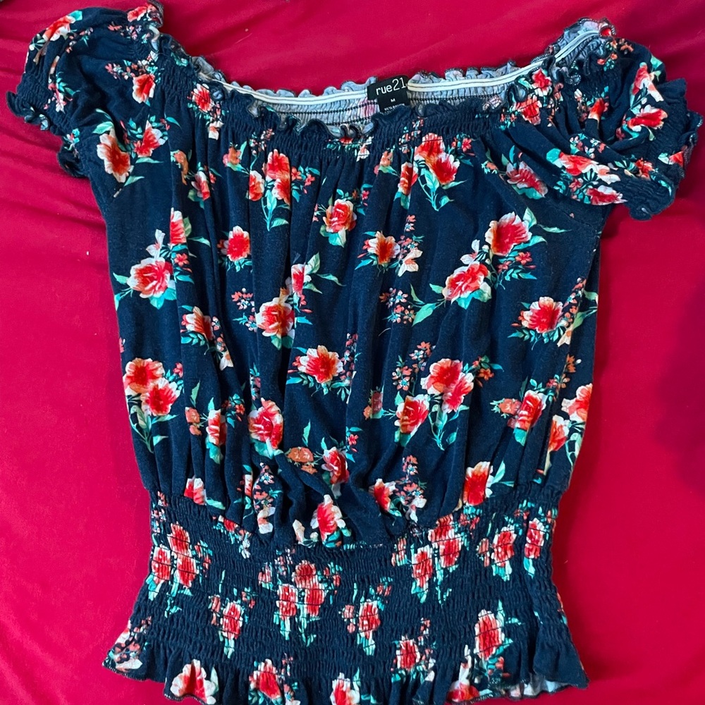 Floral top, rue21, medium, navy blue with red/peach flowers.